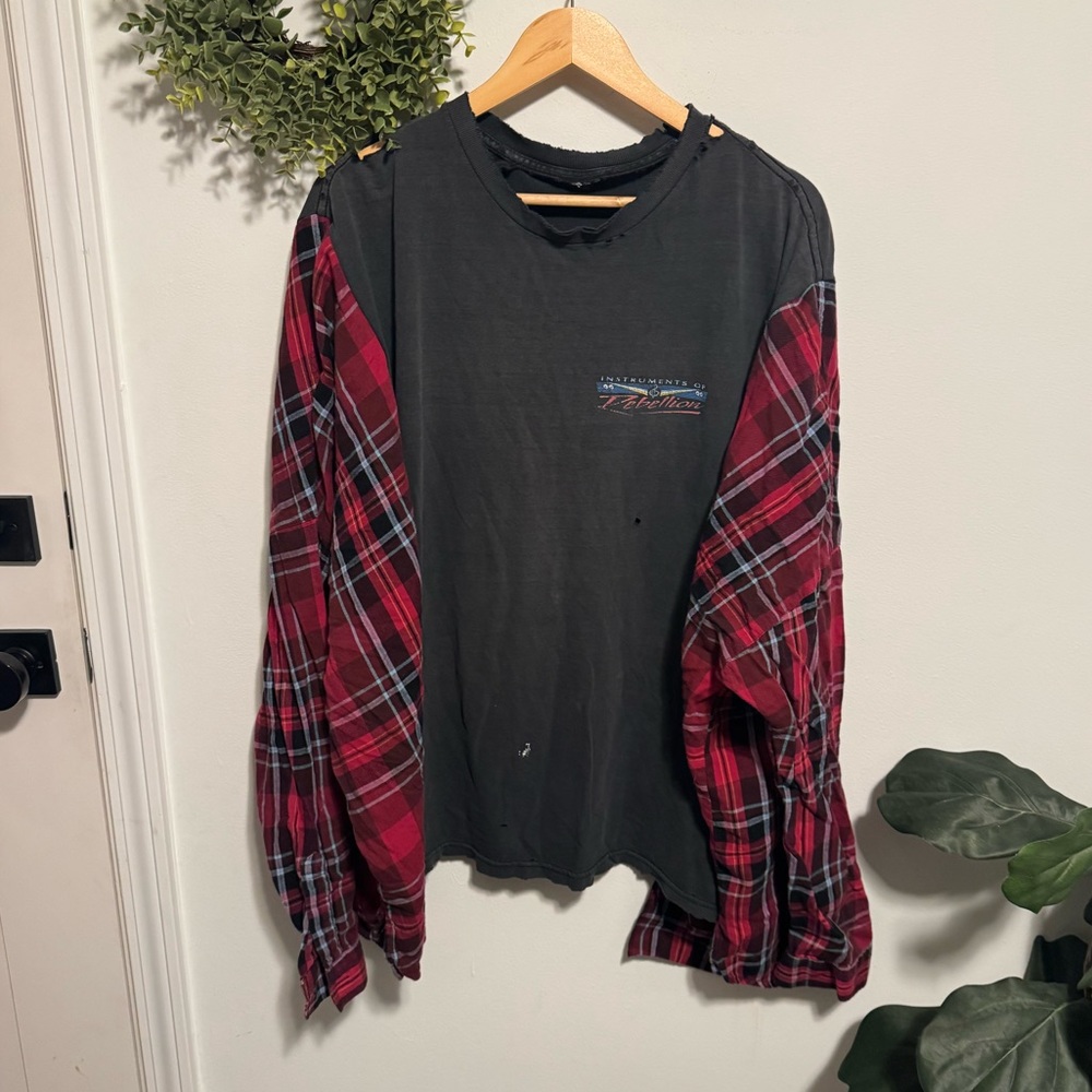 Reworked Distressed Graphic Tee with Flannel Sleeves